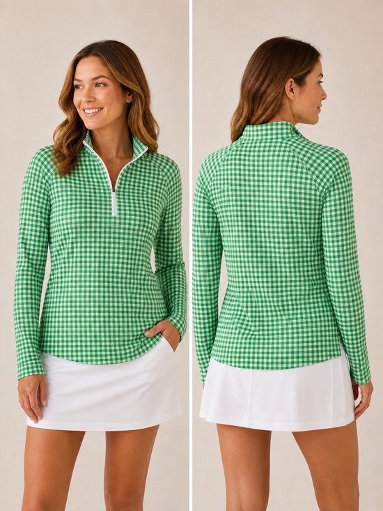 Walter Hagen Sweaters - Walter Hagen Women’s Quarter Zip Golf Top MD Green Gingham UV Protection NWT